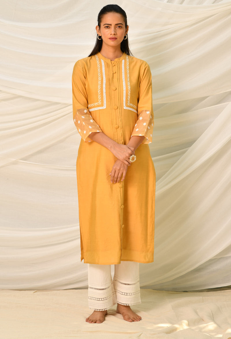 Mustard Pure Viscose Long Kurta Set With Pintucks