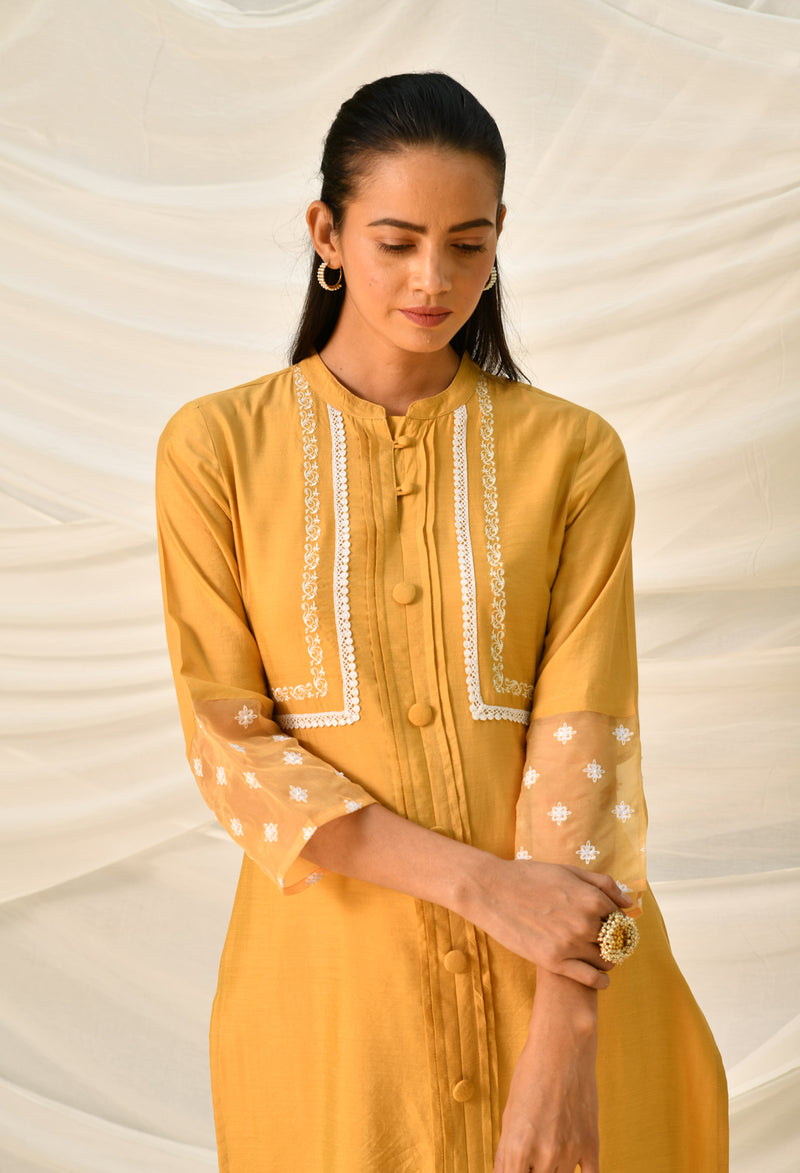 Mustard Pure Viscose Long Kurta Set With Pintucks