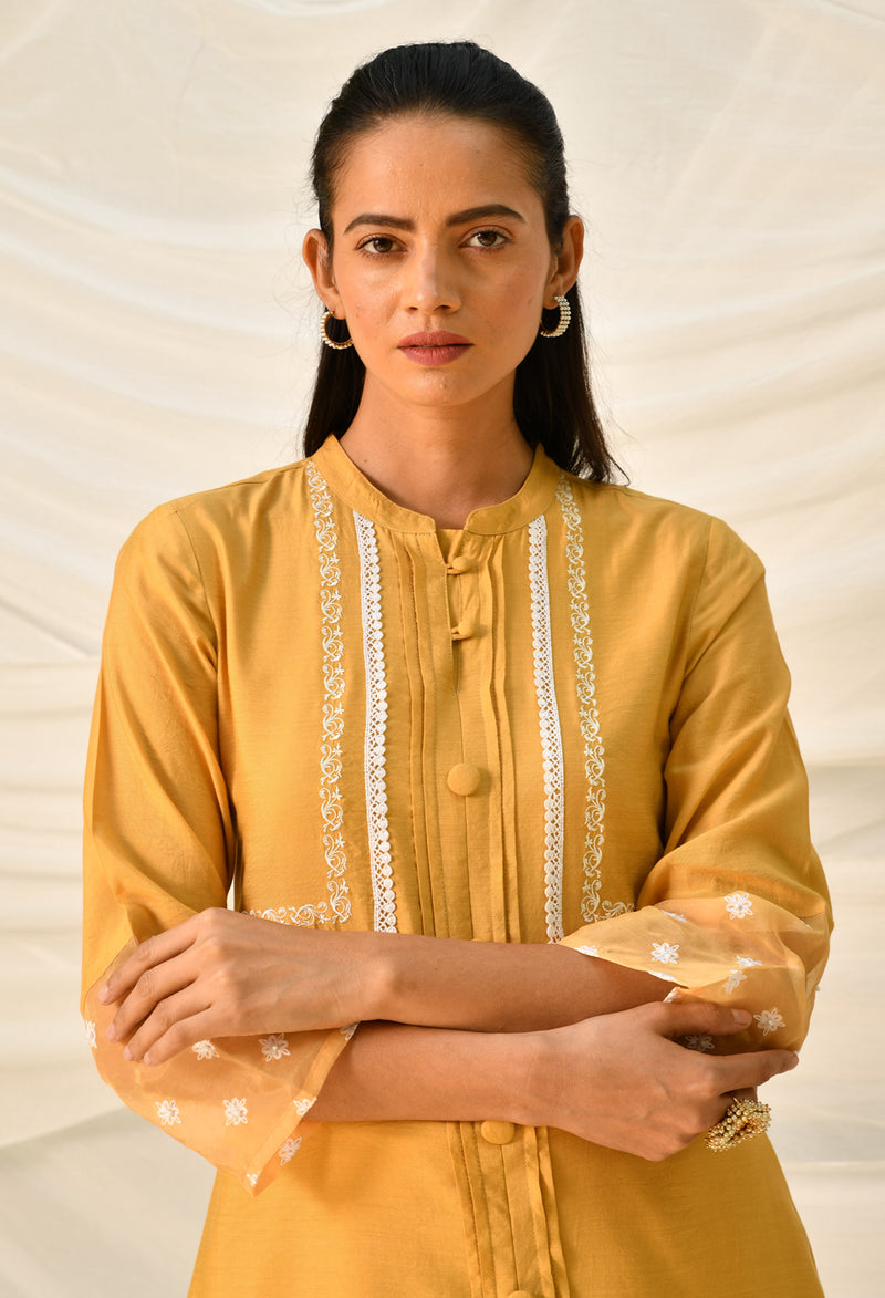 Mustard Pure Viscose Long Kurta Set With Pintucks